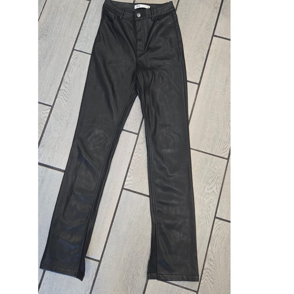 Zara Black Faux Leather High Waisted Split Hem Straight Leg Pants Size 2 24